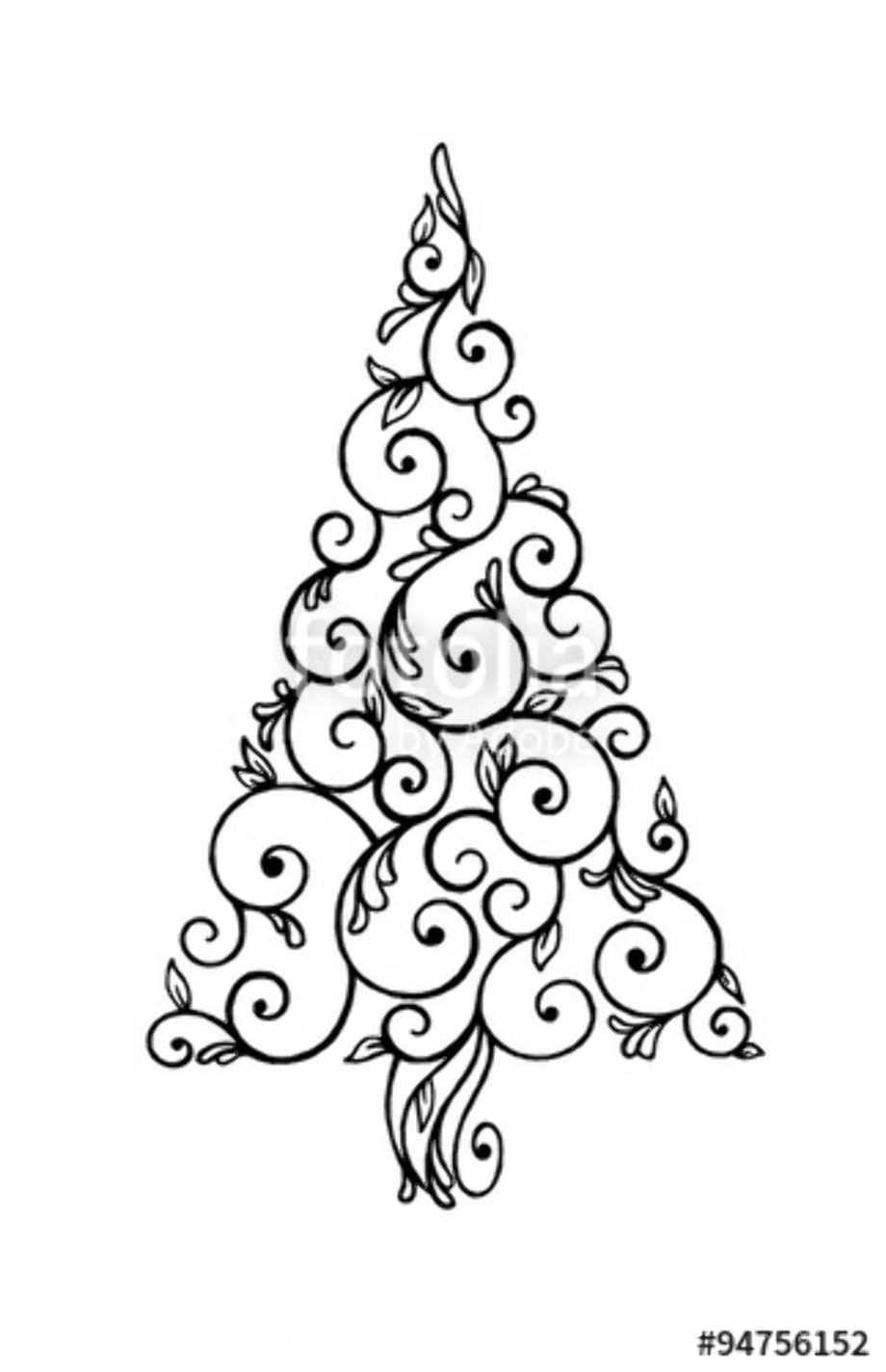 christmas tree clipart black and white swirly
