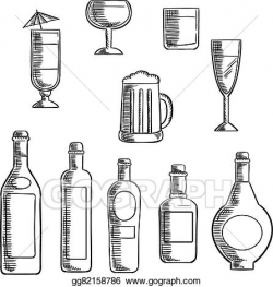 Vector Art - Bottles and glasses of alcohol beverages sketch ...