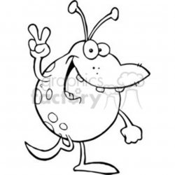 Green Alien Gesturing A Peace Sign In Black and White clipart. Royalty-free  clipart # 378955