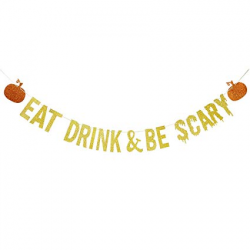 Gold Glittery Eat Drink & Be Scary Banner,Halloween Party Decorations