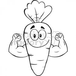 Royalty Free RF Clipart Illustration Black And White Cute Carrot Cartoon  Character Showing Muscle Arms clipart. Royalty-free clipart # 390154