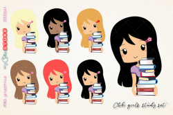 Study chibi girl clipart, woman going library clip art, png graphics set  great for digital planning, stickers, cards, invitations.
