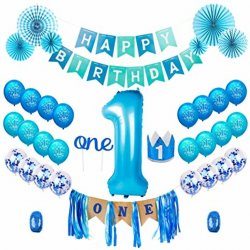 QIFU 1st Birthday Boy Decorations Kit - Baby Boy First Birthday Decorations  One Year Balloon, Blue Happy Birthday Banner,High Chair Banner, Blue Hat ...