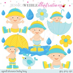 April Shower Baby Boy Cute Digital Clipart, Baby Boy Umbrella Clip Art