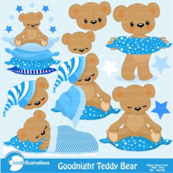 Clipart, Teddy Bear Clip Art in Baby Blue, Nursery, Slumber Party, AMB-982