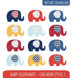 Baby Elephant Clip Art Chevron Style - Navy, Red, Yellow, Baby Blue
