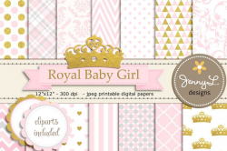 Gold Crown Digital papers and Crown Clipart, Royal Princess Girl Baby  Shower, Birthday Blue Birth Announcement, Scrapbooking Paper Party Theme