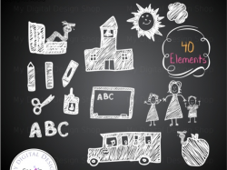 Back To School - Hand Drawn by Children in Chalk Clipart, Bookworm Vector,  School Bus Image, Teacher students, Supplies, Chalkboard PNG/EPS | Meylah