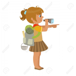Girl scout carrying a backpack and looking through ...