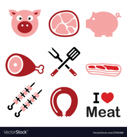 Pig pork meat - pink ham and bacon icons set