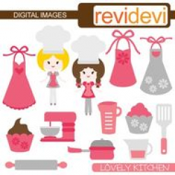 Clip Art Pink Grey kitchen (girl chef, baking, cooking) cute clipart