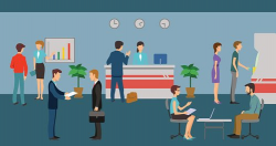 Bank staff and clients in office interior. Vector finance ...