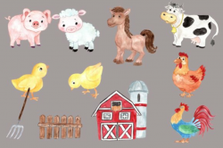 Watercolor farm animals clipart pig Horse Cow Chicken Barn Ship Rooster  clipart