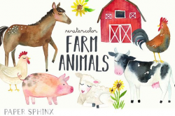 Watercolor Farm Animals Clipart | Farm Clip Art - Cow, Horse ...