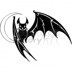 Black and white scary bat flying against crescent moon clipart.  Royalty-free clipart # 373006