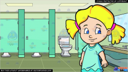 An Adorable Preschool Girl In Pigtails and A Public Bathroom With Cubicles  Background
