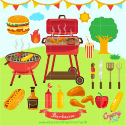 Summer Barbecue clip art featuring grill, hamburger, hotdog ...