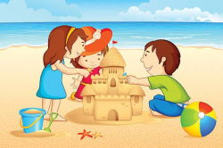 Vector illustration of kids making sand castle on sea beach ...