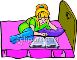 A Girl Laying On Her Bed Reading A Book - Royalty Free Clipart Picture