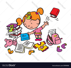 Little schoolgirl in a messy room