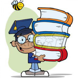 African American Boy In Graduation Cap carrying Four Books with a Yellow  and Black Bee clipart. Royalty-free clipart # 379209