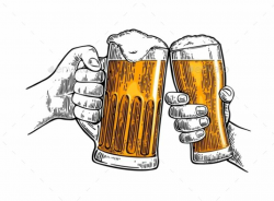 Two hands holding and clinking with two beer glasses mug ...