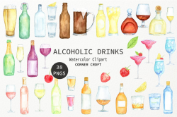 Watercolour clipart alcohol, wine, beer, liquor, vodka ...