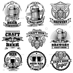 Vintage beer drink bar vector labels. Retro brewery emblems and logos with  hops and mug. Brewery drink emblem beer illustration