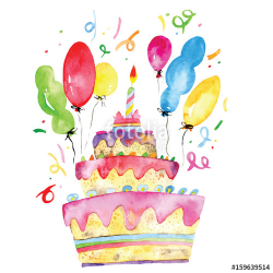 Birthday cake hand painted watercolor illustration, Birthday party ...