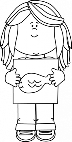 Black and White Girl Holding a Drawing Clip Art - Black and ...