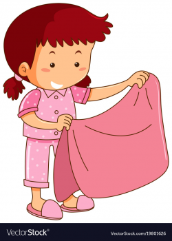 Girl in pink pajamas holding pink blanket