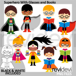 Back to school clipart - Superhero with glasses and books