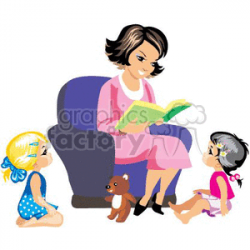 A Nice Happy Teacher Reading a Book to Two Girls clipart. Royalty ...