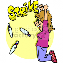 lady getting a strike while bowling clipart. Royalty-free clipart # 168631