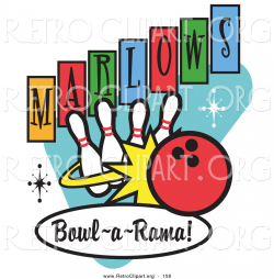 Retro Clipart of a Red Bowling Ball Rolling into Bowling Pins on a ...