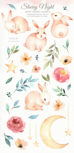 Starry Night Bunny Watercolor Set, Bunny Clipart, Moon clipart ...