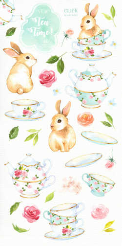 It\'s Tea Time! Watercolor Cliparts, Bunny Clipart, Tea Party, Tea ...
