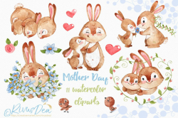 Bunny and Mom watercolor clipart set