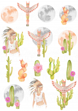 Clipart cactus/ clipart aquarelle/ boho clipart/ lune aquarelle ...