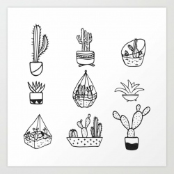 Minimalist Cacti Collection Black and White Art Print by naturemagick