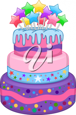 Vector illustration of 3 floors birthday cake with colorful stars on ...