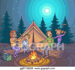 Vector Art - Happy family camping with campfire at night ...