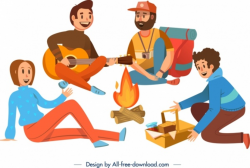 Camping background joyful people campfire icons cartoon ...