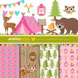 Girls Camping Party Clipart and Digital Paper Set | Camp Out ...