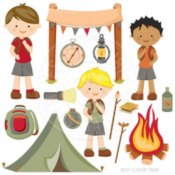 Boy Camp Trip Cute Digital Clipart, Camping Hiking Graphics