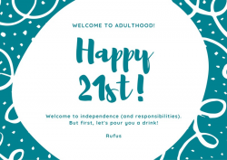 Turquoise Hand Drawn 21st Birthday Card - Templates by Canva