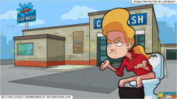 A Woman Pushing Hard For Her Poop To Come Out and A City Auto Car Wash  Background