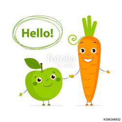 Funny fruits and vegetables with eyes in flat style. Carrot ...