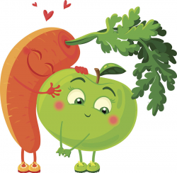 Carrots In Love With The Apple. Vegetables Hug.
