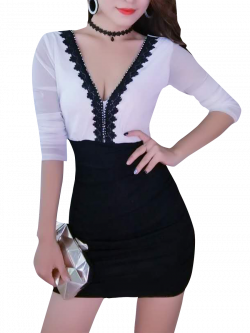 Buy Women's Bodycon Dress V Neck Patchwork Long Sleeve Mini Dress ...